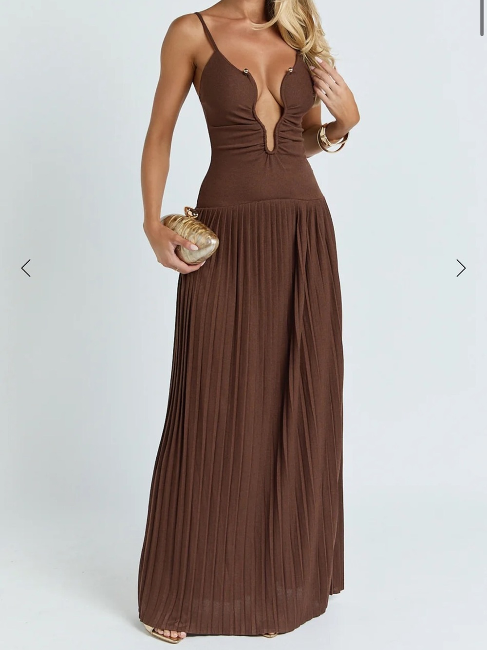 Showpo Low Cut Chocolate Brown Pleated Maxi Dress